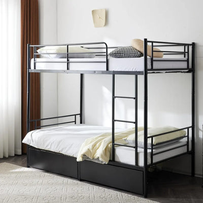 Bunk Bed Twin Over Twin with 2 Storage Drawers, Bunk Bed with Built-in Ladder and Safety Guardrail, Space-Saving Twin Bunk Beds