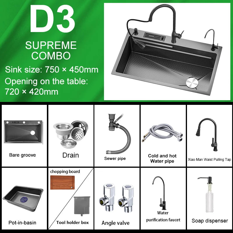 Multifunctional Rotating Pull-Out Waterfall Kitchen Faucets Kitchen Sink Stainless Steel Large Single Slot Kitchen Accessories