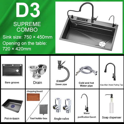 Multifunctional Rotating Pull-Out Waterfall Kitchen Faucets Kitchen Sink Stainless Steel Large Single Slot Kitchen Accessories