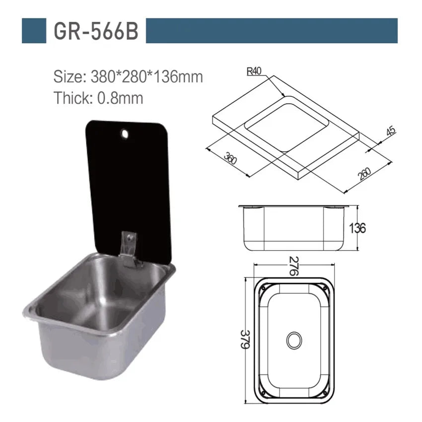 Stainless Steel Sink with Tempered Glass Lid 380*280*136mm GR-566B Boat Caravan