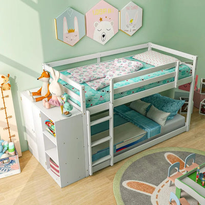 Twin Over Twin Bunk Bed with Storage Shelves, Solid Wood Bunk Bed Frame with Convertible Bookcase & Ladder for Kids Teens