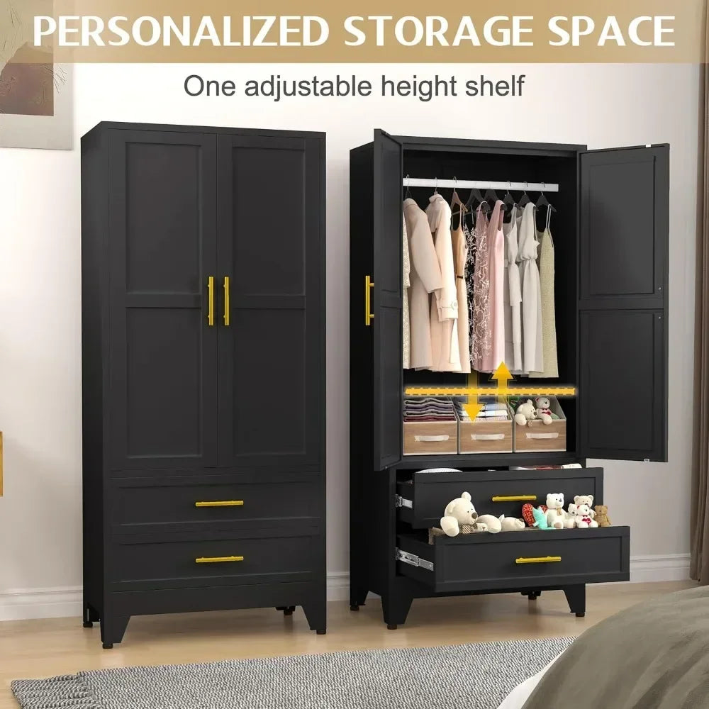 Steel Armoire Wardrobe Closet, 71" Metal Clothing Storage Cabinets with 2 Doors, 1 Adjustable Shelf and 2 Drawers, Wardrobes