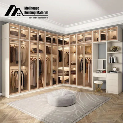 Design Black High Gloss Lacquered Wardrobe Dark Style Walk-in Wardrobe Clothes Bedroom Furniture with Glass Doors