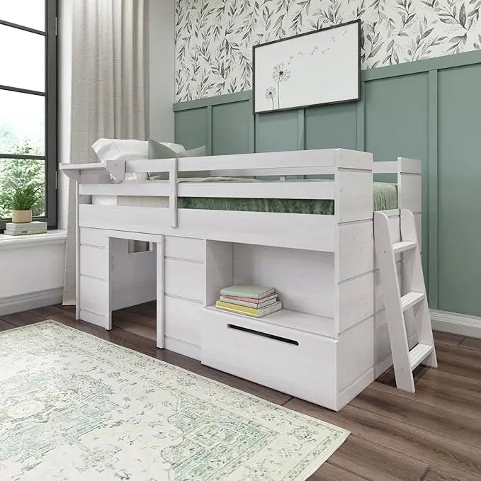 Modern Farmhouse Low Loft Bed, Twin Bed Frame for Kids with 2 Bookcases, Easy To Assembly, Bedroom Furniture Children Beds