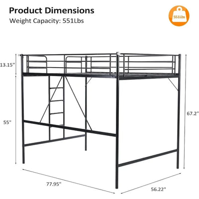 Loft Bed Full Size with Flat Rungs for Adults, Kids and Young Teens, No Box Spring Required,Heavy Duty Metal Slat Support