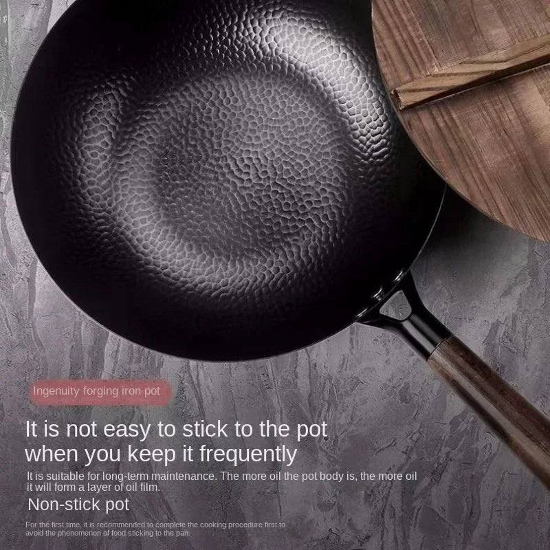 Carbon Steel Wok Pan 32cm Stir-Fry Pans with Wooden Lid Uncoated Flat Bottom Chinese Pan for Induction Electric Gas All Stoves