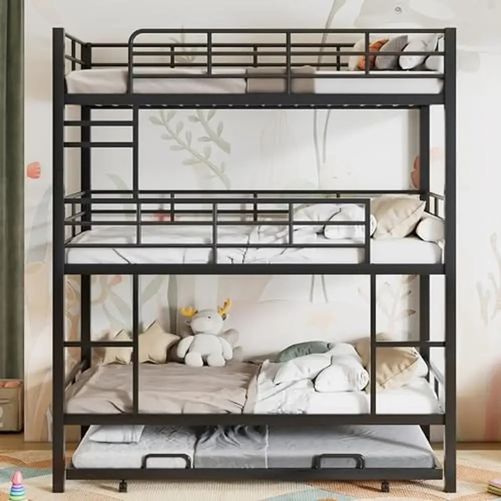 Triple Bunk Bed with Trundle Metal 3 Single Beds 2 Ladders Safety Rails Sturdy & Stylish Twin/Twin/Twin Space-Saving Design