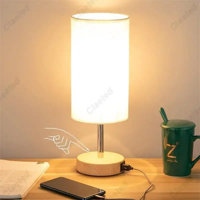 Table Lamp Bedroom Bedside Simple and Creative Touch Dimming Wood Grain Color USB Charging Port Led Small Table Lamp