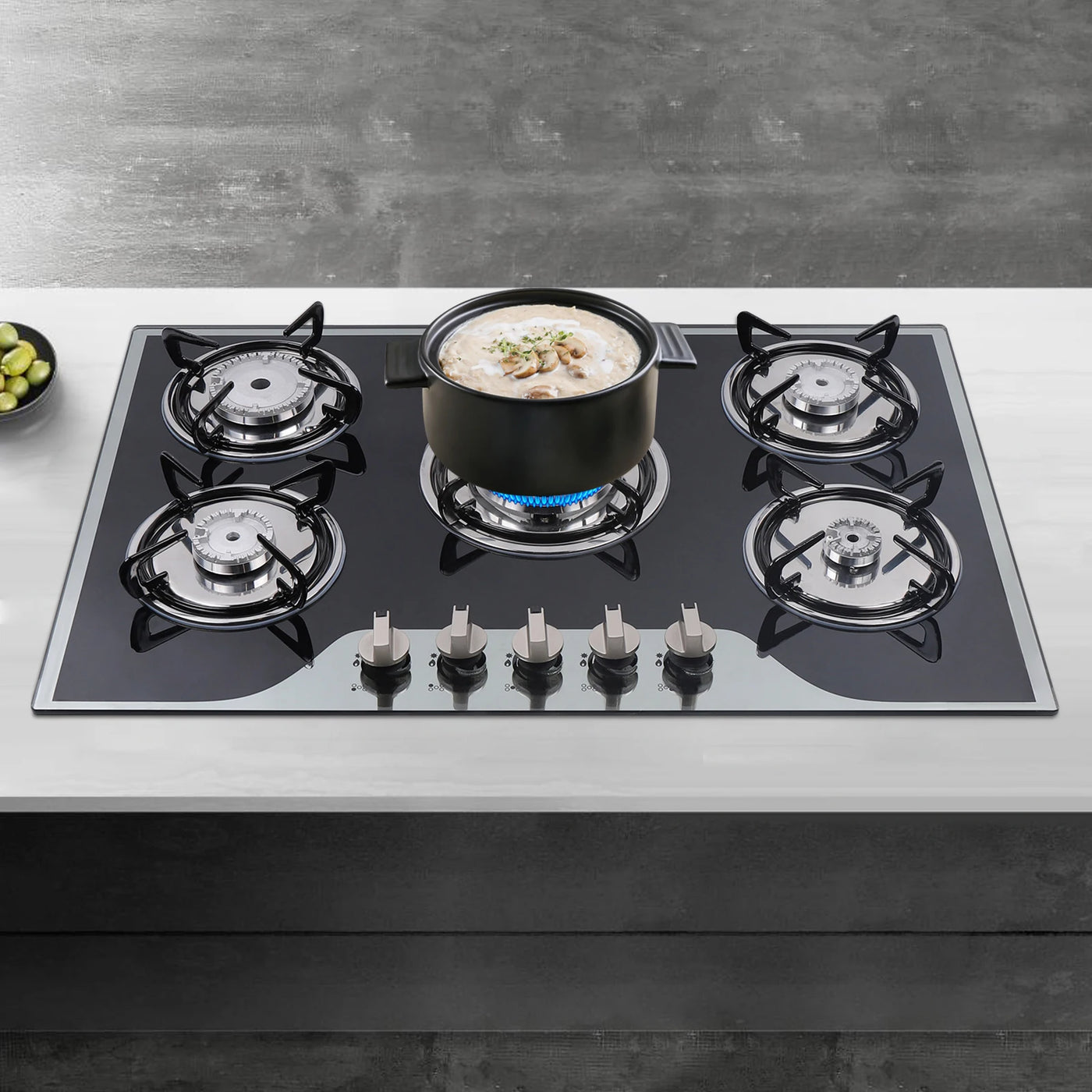 Gas Cooker LPG/NG Gas COOKTOP Built-in 5 Burner Stove Hob Cooktop Tempered Glass Operation Instruction Automatic Pulse Ignition