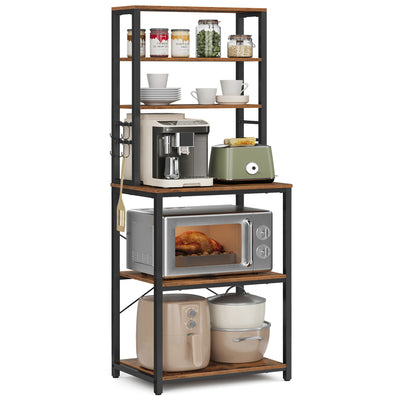 VASAGLE Coffee Bar, 6-Tier Kitchen Shelves with 6 Hooks, Baker’s Rack for Kitchen, Microwave Stand, Industrial