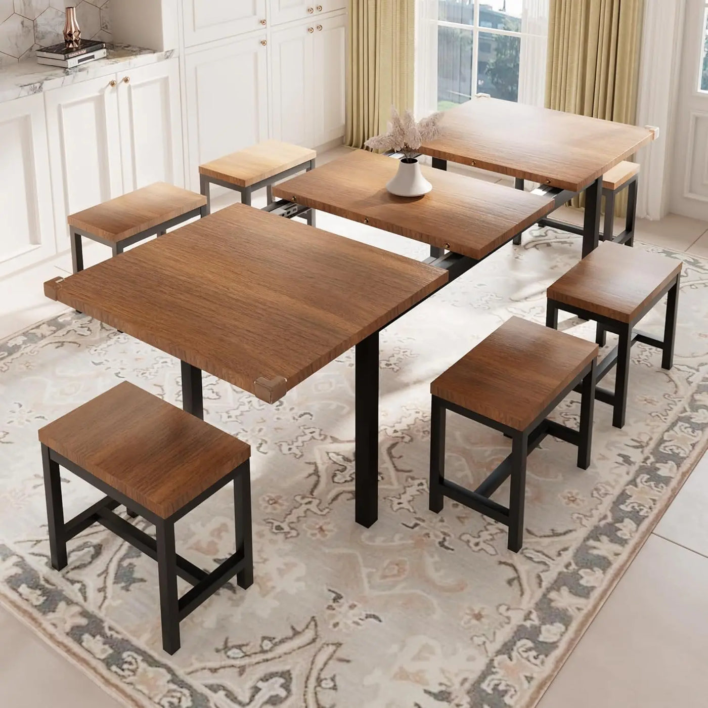 7-Piece Dining Table Set with 6 Stools 63" Large Extendable Kitchen Table Set for 4-8 Mid-Century Dining Room Table