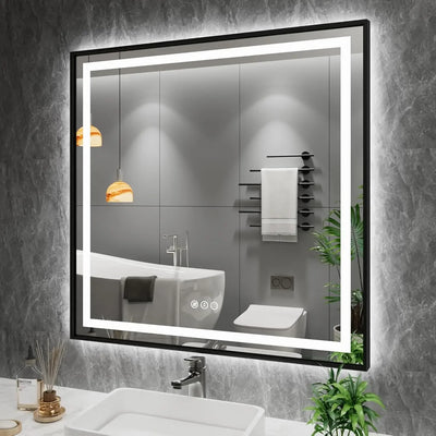 32"x 32" LED Bathroom Mirror with Black Frame Front Light and Backlit Stepless Dimmable Anti-Fog Shatter-Proof Memory