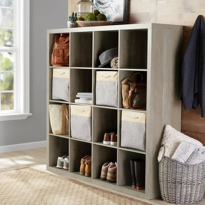 16-Cube Storage Organizer Rustic Gray Bookcase Furniture Shelves Display Modern Living Room Bedroom StorageBins Organizer Open