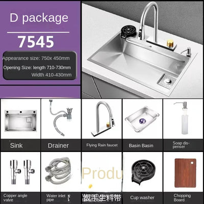 Waterfall Kitchen Sink 304 Stainless Steel Large Single Slot Above Mount Apron Front Waterfall Faucet Vegetable Basin Cup Washer