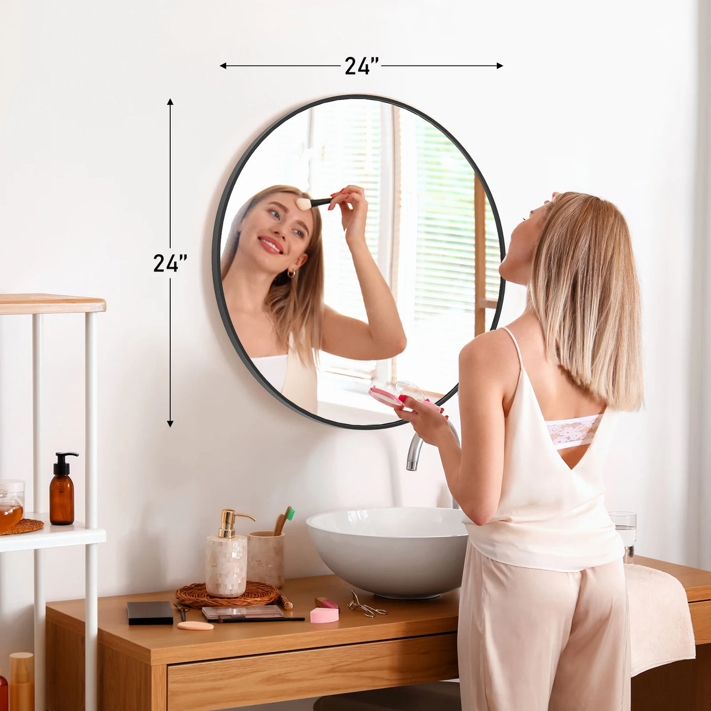 JHK Large Gold Round Vanity Framed Mirror for Wall Matte Metal Framed 30 Inch Modern Mirror Tempered Glass Bedroom Living Room