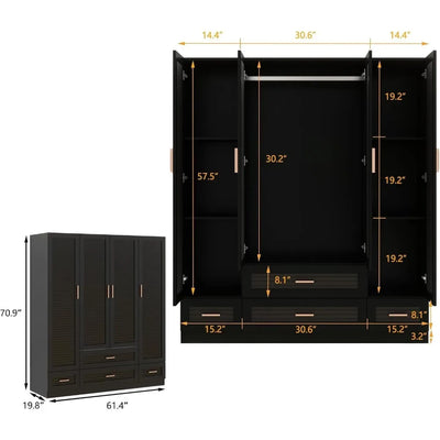 Large Armoire Wardrobe Closet with 4 Drawers, 6 Shelves & Hanging Rod, 4 Louver Doors Wooden Closet Storage Cabinet for Bedroom