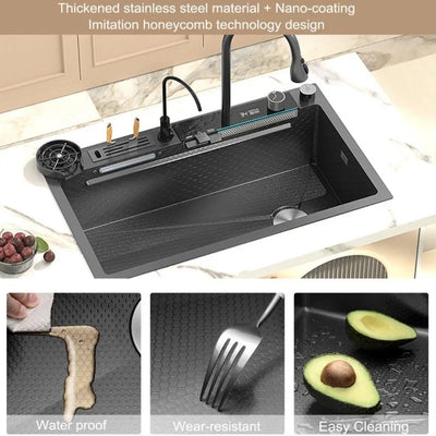 Black Kitchen Sink Twin Waterfall Kitchen Sink 31.5" Stainless Steel Single Bowl Sink with Faucet