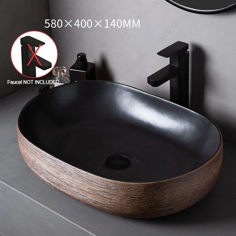 Brown Porcelain Ceramic Vessel Sink Above Counter Vanity Bowl Basin Bathroom Sanitary Balcony Table Sink Countertop Oval Basin