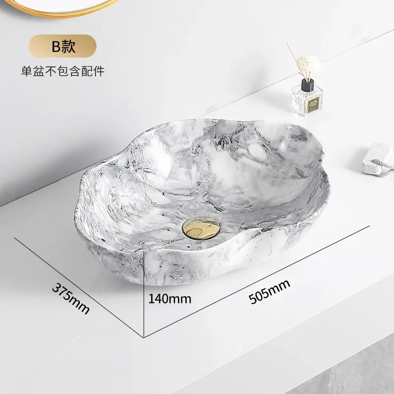 Ceramic Washbasin Marble Pattern Countertop Sinks Luxury Hotel Art Basin Flower Shape Bathroom Hand Wash Vessel Sink 50*37*14cm