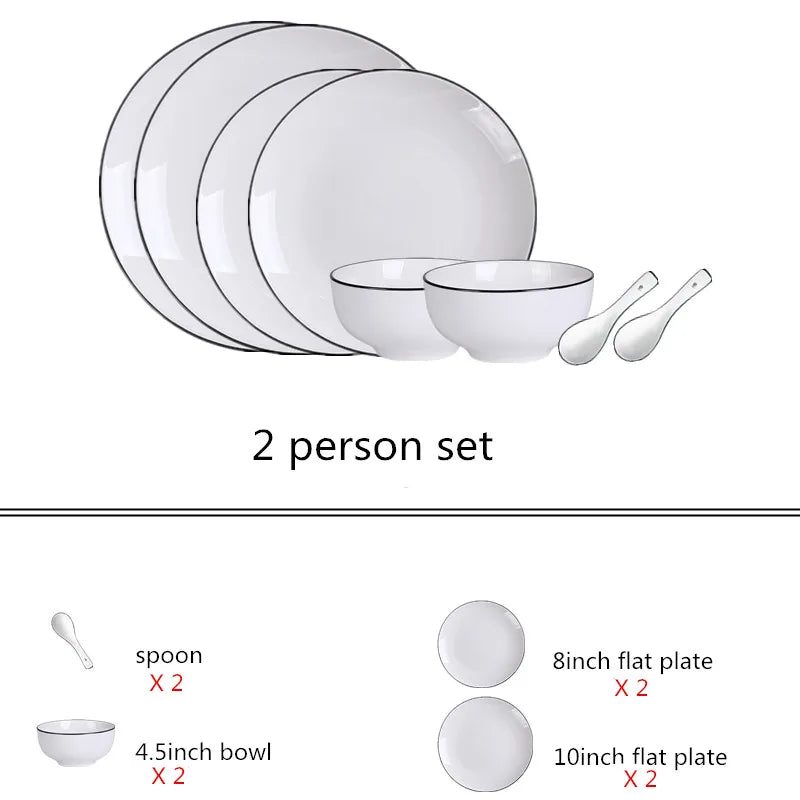 White With Black Edge Dinner Plate Set Ceramic Serving Tray Food Dishes Rice Salad Noodles Bowl Soup Kitchen Dinnerware