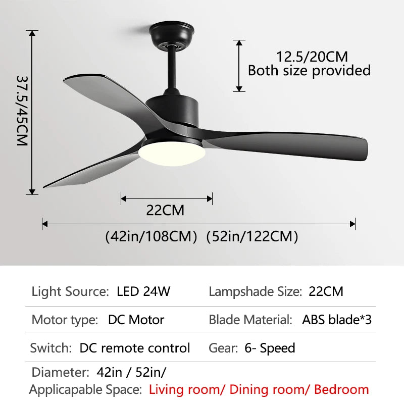 36/42/52 Inch white Black 3 ABS Blade Pure Copper DC 30W Motor Ceiling Fan With 24W LED Light Support Remote Control