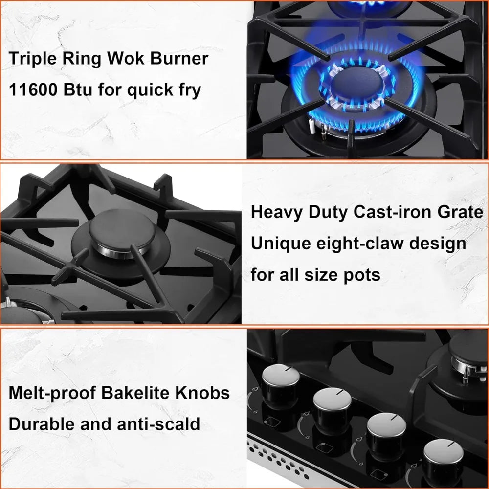 Gas Stove Top 24 inch，24 inch Gas Cooktop4 Burner，Black Tempered Glass Dual Burners Propane Cooktop with Thermocouple Protection