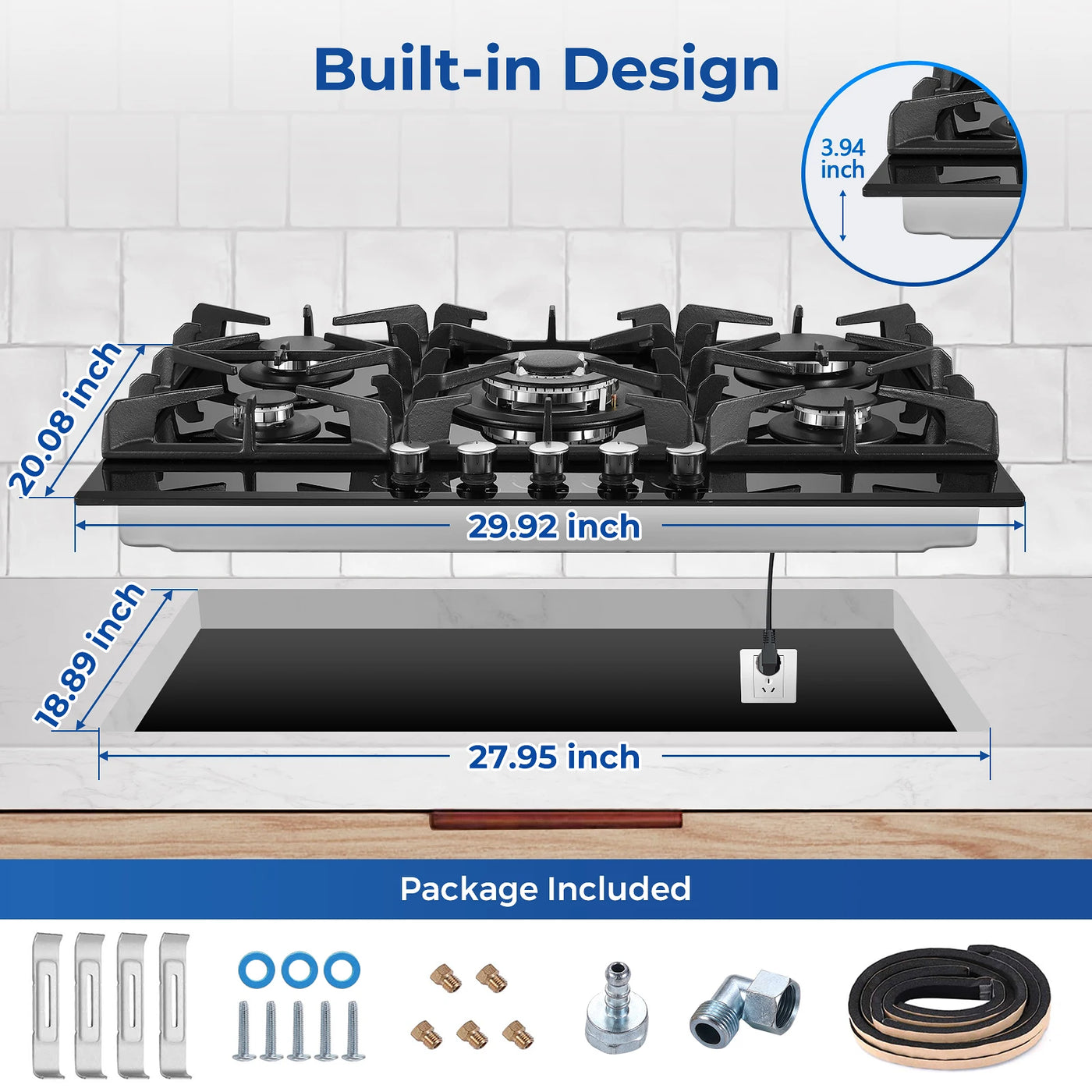 30 Inch 5 Burners Stove Top Built-in NG/LPG Convertible with Thermocouple Protection Gas Cooktop