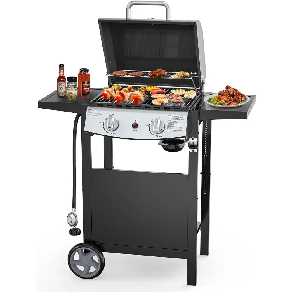 BBQ Grill, 2 Burner Propane Gas Grills, Stainless Steel Grills with Two Side Storage Shelves, BBQ Grill