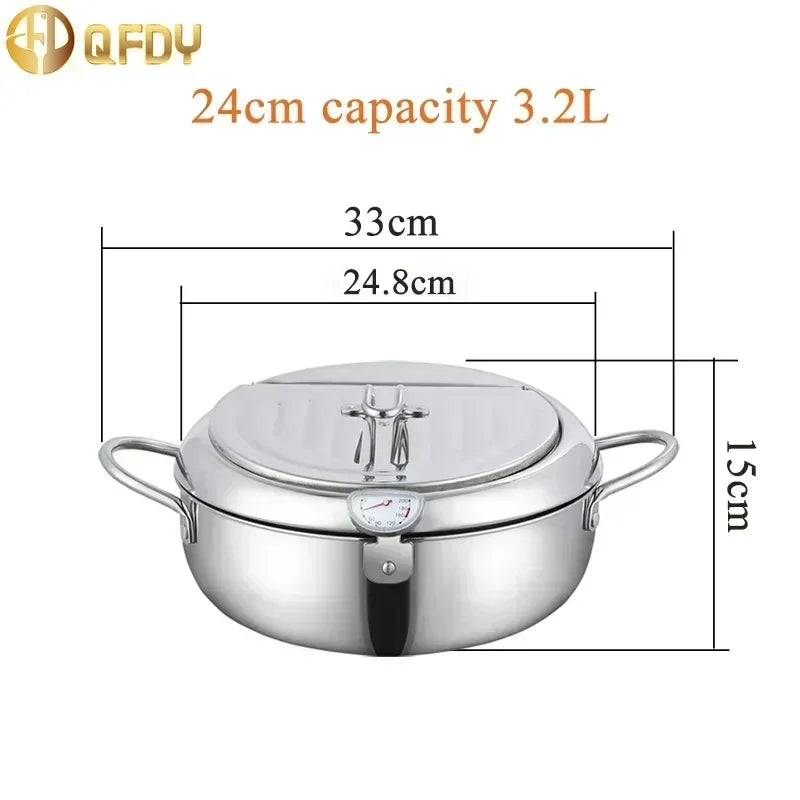 20 /24 /28cm Japanese Deep Frying Pot with a Thermometer and a Lid 304 Stainless Steel Kitchen Tempura Fryer Pan