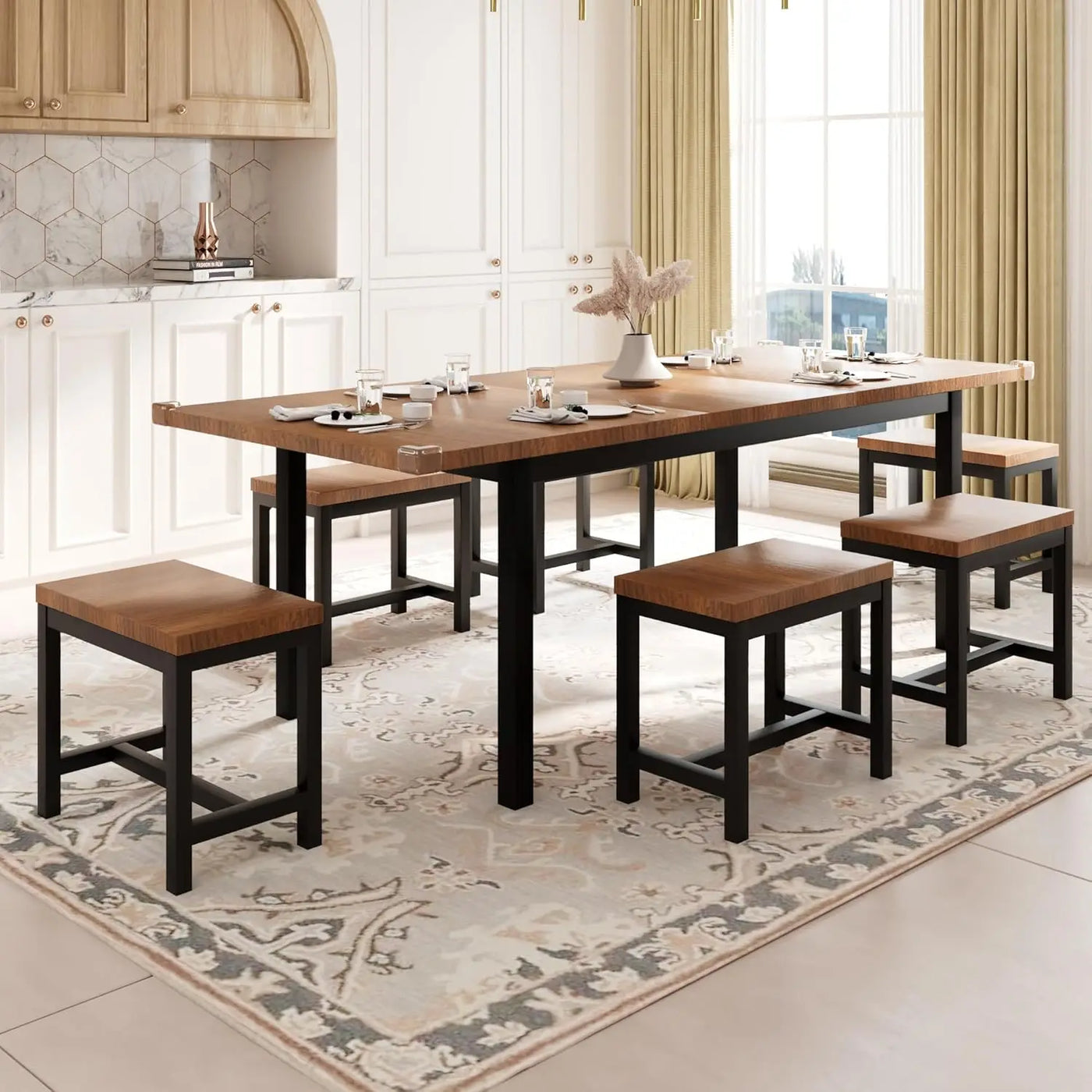 7-Piece Dining Table Set with 6 Stools 63" Large Extendable Kitchen Table Set for 4-8 Mid-Century Dining Room Table