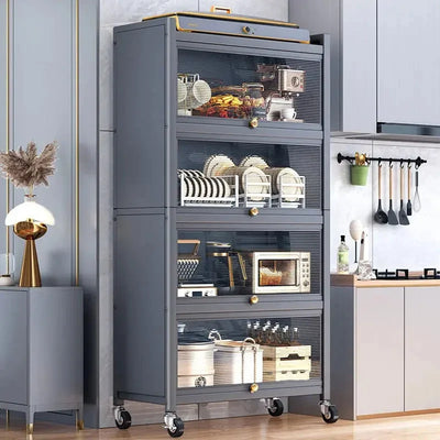 Modern Carbon Steel Kitchen Cabinets Home Storage Cabinet Multi-functional Multi-layer Microwave Oven Floor Rack with Flip Door