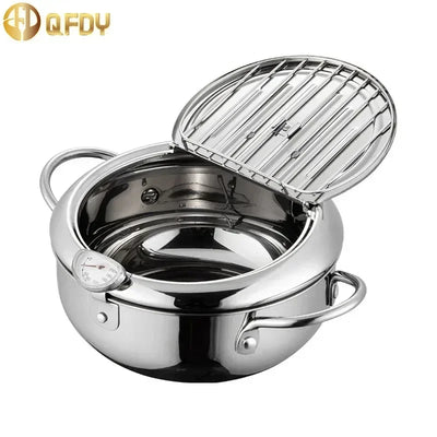 20 /24 /28cm Japanese Deep Frying Pot with a Thermometer and a Lid 304 Stainless Steel Kitchen Tempura Fryer Pan