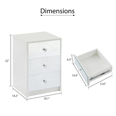 3 Drawer Nightstand for Bedroom, Modern Wood and Mirrored Nightstand, Square Bedside Glass End Table with Storage