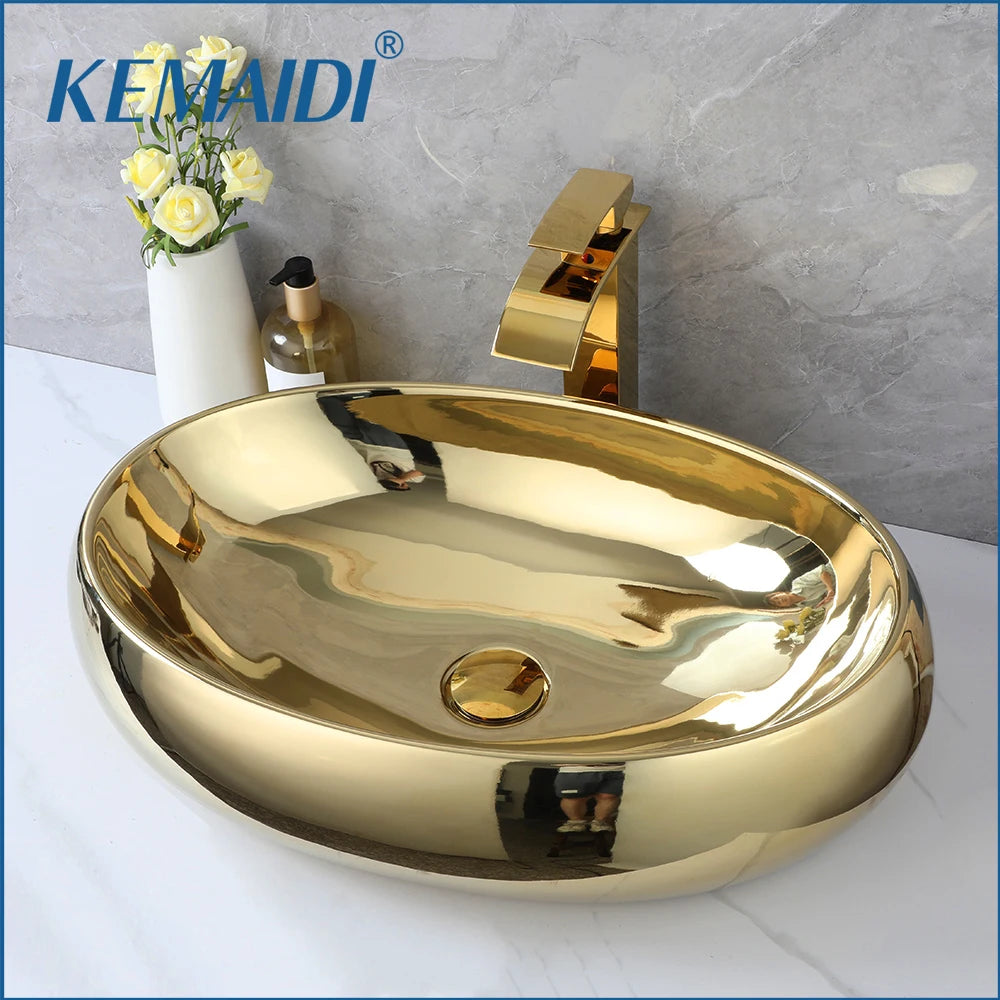 KEMAIDI Luxury 23 Inch Bathroom Vessel Sink Gold Ceramic Sinks Above Counter Oval Bathroom Sink with Gold Waterfall Faucet Mixer