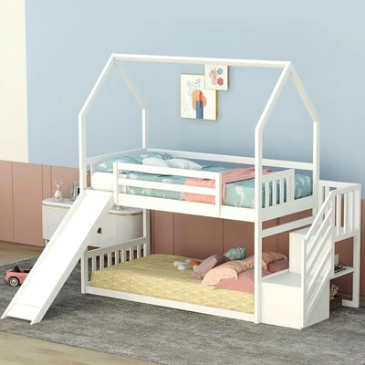 House Bunk Bed with Convertible Slide and Storage Staircase, Wood Twin Over Twin Bunk Bed Frame, No Box Spring Needed (White)