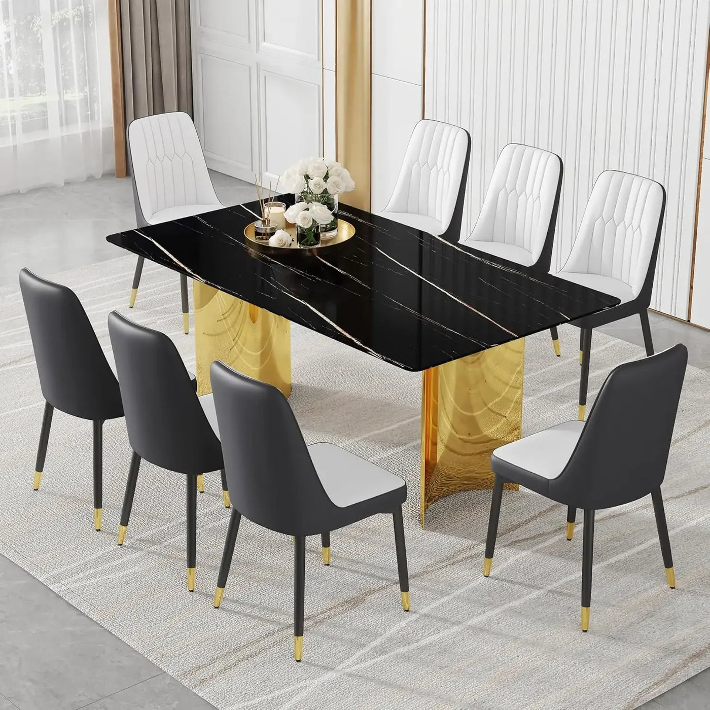 71" Dining Table Set for 8, Faux Marble Top and Gold Chrome Leg Dining Table for Kitchen, Dining Tables Set