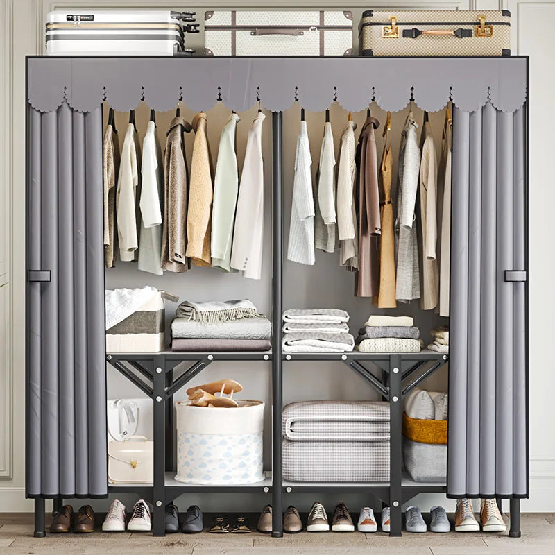 Foldable base unfolded and ready to use wardrobe; A large capacity wardrobe with a stable and durable steel pipe frame