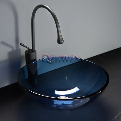 42cm Round Tempered Glass Sink Blue Bathroom Washbasin Hotel Balcony Countertop Art Basin Transparent Bowl Basin With Drain Sets