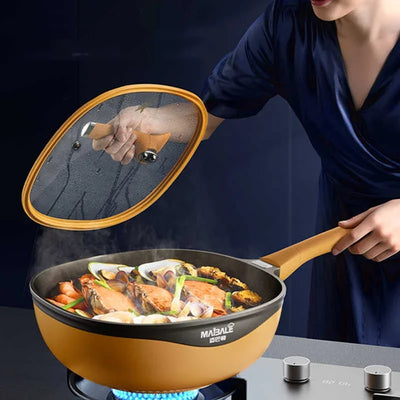 Maibole Titanium 32cm Woks Stone Cast Pan with Non-Stick Coating for Cooking on Induction Stove and Gas Stove Vertical Pot Lid