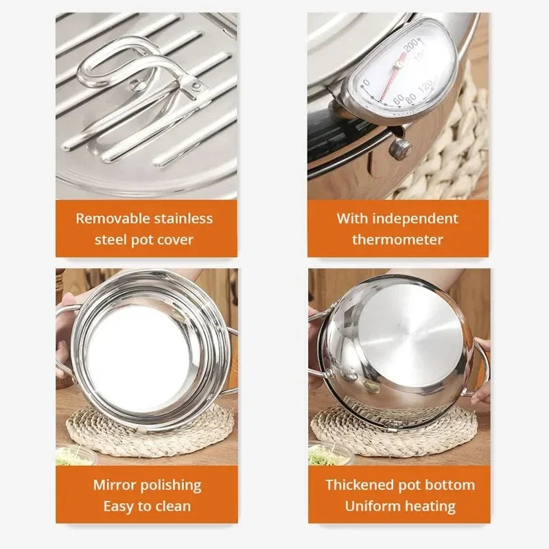 Stainless Steel Oil Pan Household Thermometer With Cover Tempura Oil Fryer Small Oil Saving French Fries Frying Pan