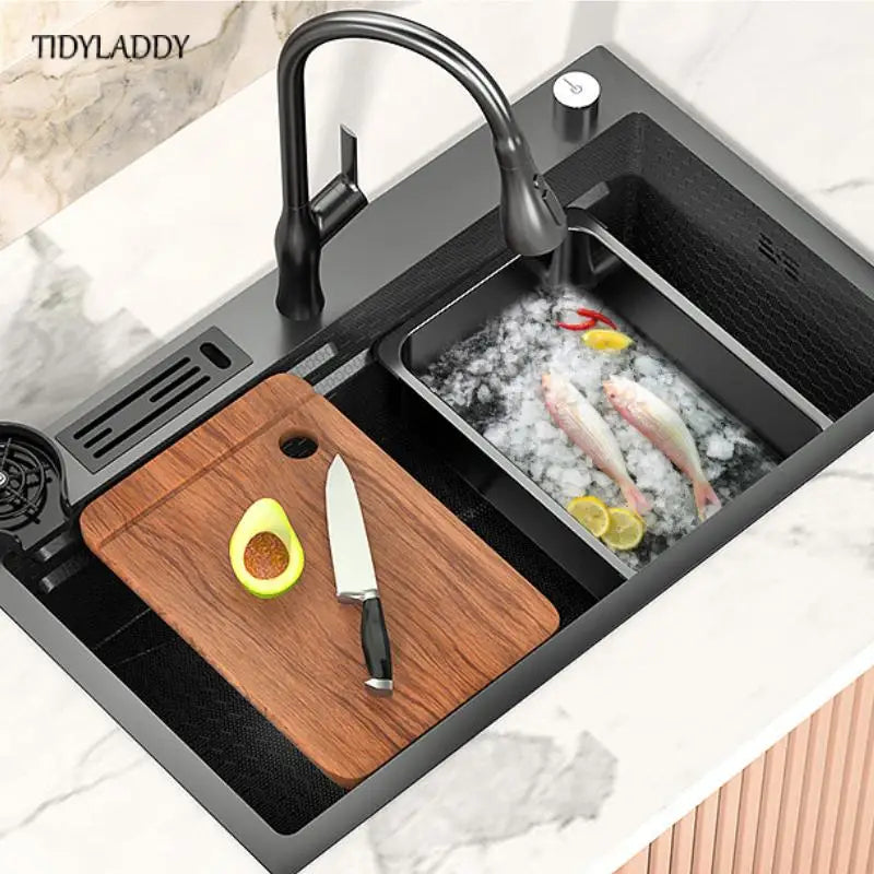 Multifunctional Rotating Pull-Out Waterfall Kitchen Faucets Kitchen Sink Stainless Steel Large Single Slot Kitchen Accessories