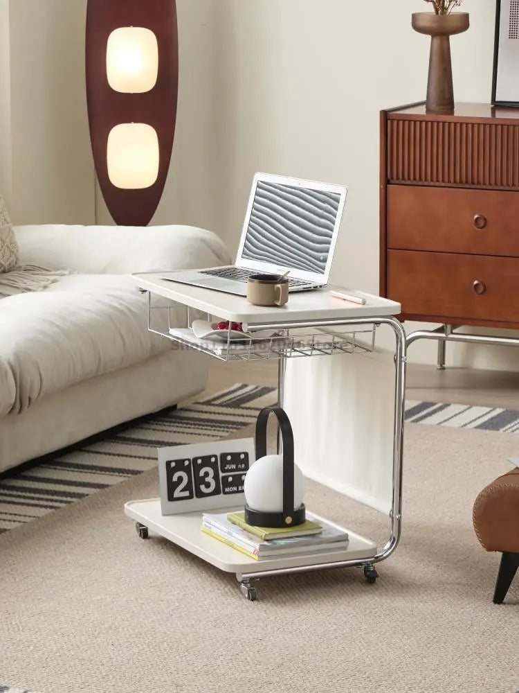 Sofa Side Table Movable Cart Living Room Coffee Table Bedroom Bedside C- Type Middle Cream Wind Wheeled Small Table