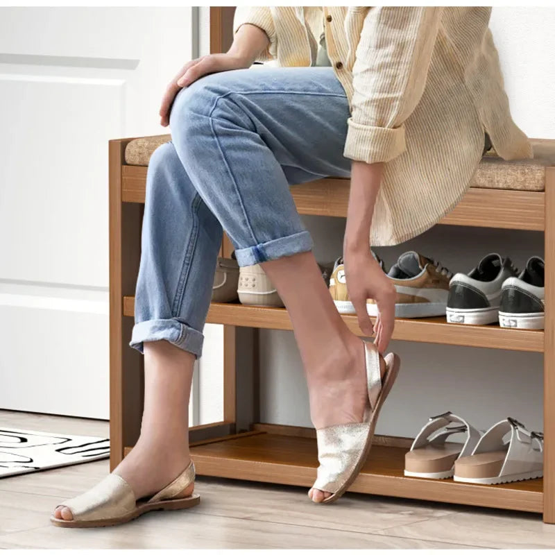 Special Multifunctional Shoe Organizer Bamboo Shoe Cabinets Linen Upholstered Storage Multi-layer Partition Hallway Bench