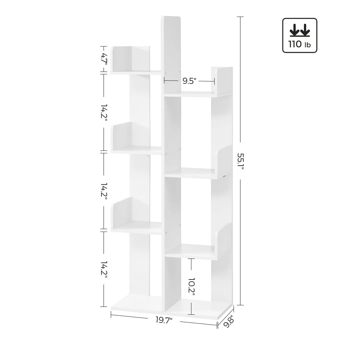 VASAGLE Bookcase, Tree-Shaped Bookshelf with 8 Storage Shelves, Rounded Corners, White 9.8D x 19.7W x 55.1H in, Engineered Wood