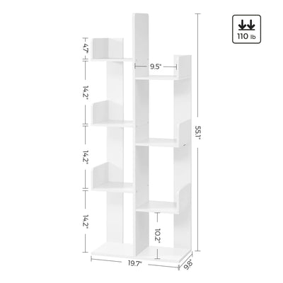 VASAGLE Bookcase, Tree-Shaped Bookshelf with 8 Storage Shelves, Rounded Corners, White 9.8D x 19.7W x 55.1H in, Engineered Wood