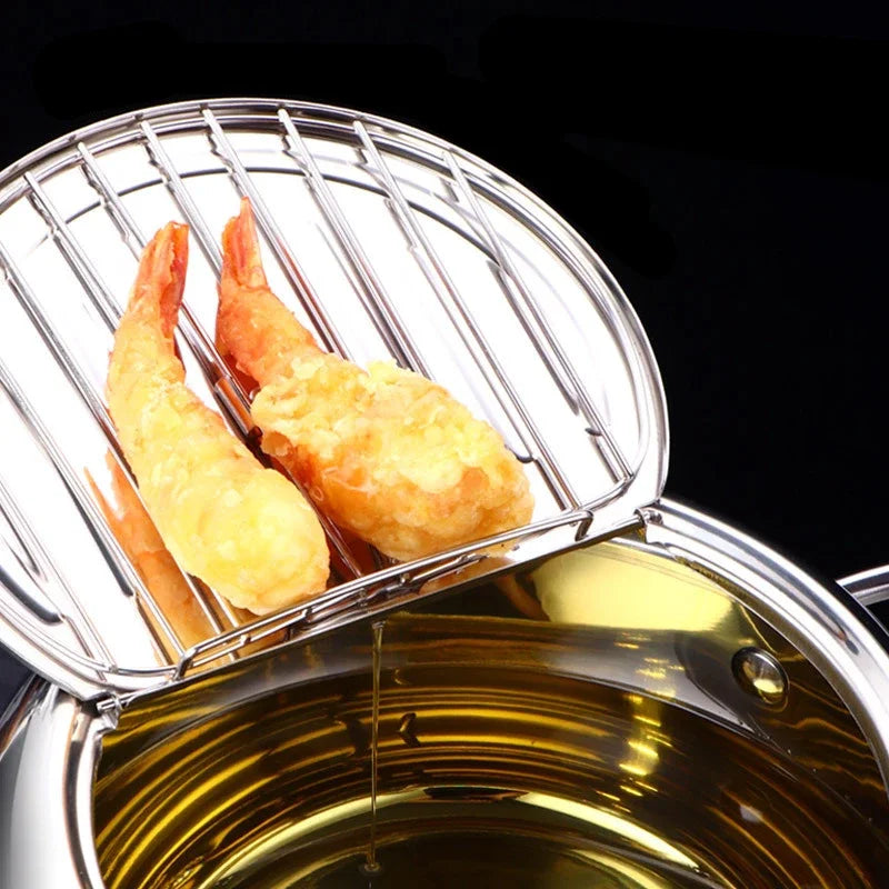 Japanese Deep Frying Pot with A Thermometer and A Lid 304 Stainless Steel Kitchen Tempura Fryer Pan 20 24 Cm KC0405