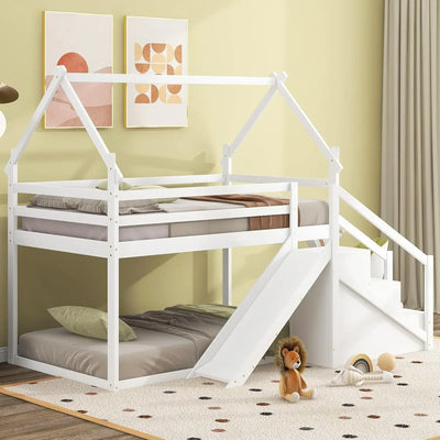 Kids Twin Bunk Bed, Storage Staircase and Blackboards, Wood Floor Bunk Bed Twin Over Twin, House Bunk Bed with Roof, Kids Bed