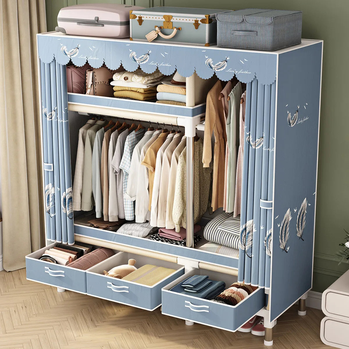 Bedroom Clothes Hanging Storage Wardrobe Dormitory Storage Cabinet Simple Cloth Wardrobe Fabric Steel Assembly Closet