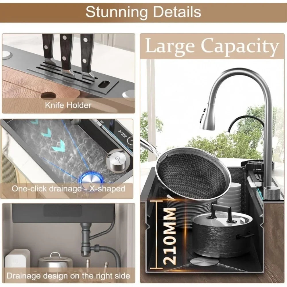 31.5" Kitchen Sink, Stainless Steel Twin Waterfall Sinks with Faucet, LED Display, Honeycomb Nano Kitchen Sink