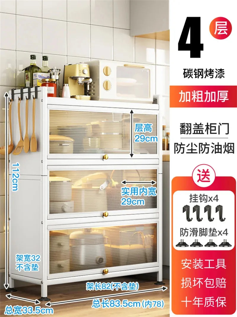 Modern Carbon Steel Kitchen Cabinets Home Storage Cabinet Multi-functional Multi-layer Microwave Oven Floor Rack with Flip Door